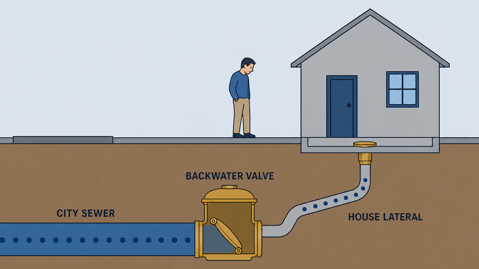 Cutaway view below ground level showing a house drain pipe sloping from a home down to the much larger city sewer main, with a backwater valve set into the line, its hinged flap closed against sewage flowing back toward the house, and a round access cap set flush into the basement floor slab directly above the valve.