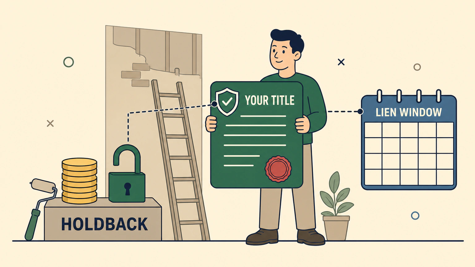 Flat vector illustration of a homeowner holding up a property title document with a shield badge, beside a stack of coins and an open padlock on a plinth, with a calendar block marking the lien window.