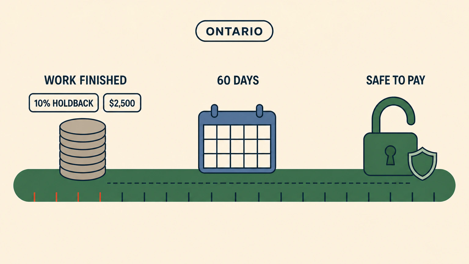 Flat vector timeline ribbon showing the holdback period, from a coin stack marked work finished, through a calendar block marked 60 days, to an open padlock marked safe to pay.