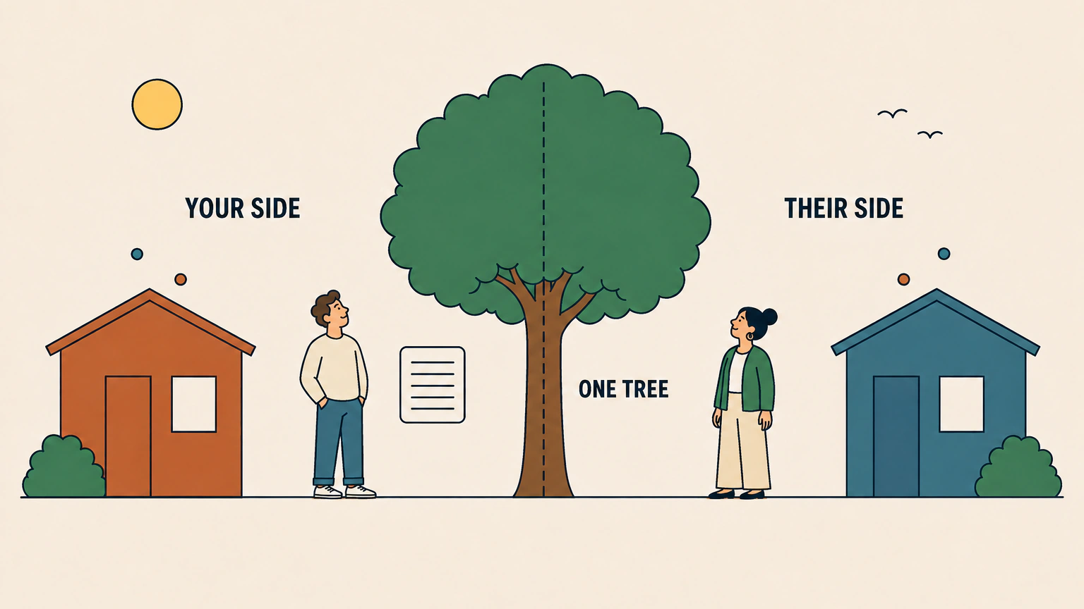Flat illustration of two neighbours standing on either side of one tall tree, each with a house behind them, and a dashed vertical line running up through the middle of the trunk. Labels read YOUR SIDE, THEIR SIDE and ONE TREE.
