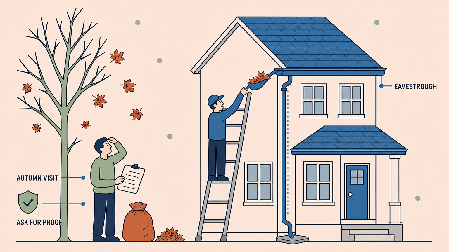 Flat vector illustration of a two-storey Canadian house in late autumn. A worker on an extension ladder scoops leaves out of the eavestrough while a homeowner on the ground watches, holding a blank clipboard beside a verification shield badge. A bare maple drops leaves at the left, and a downspout runs down the wall to a splash pad.