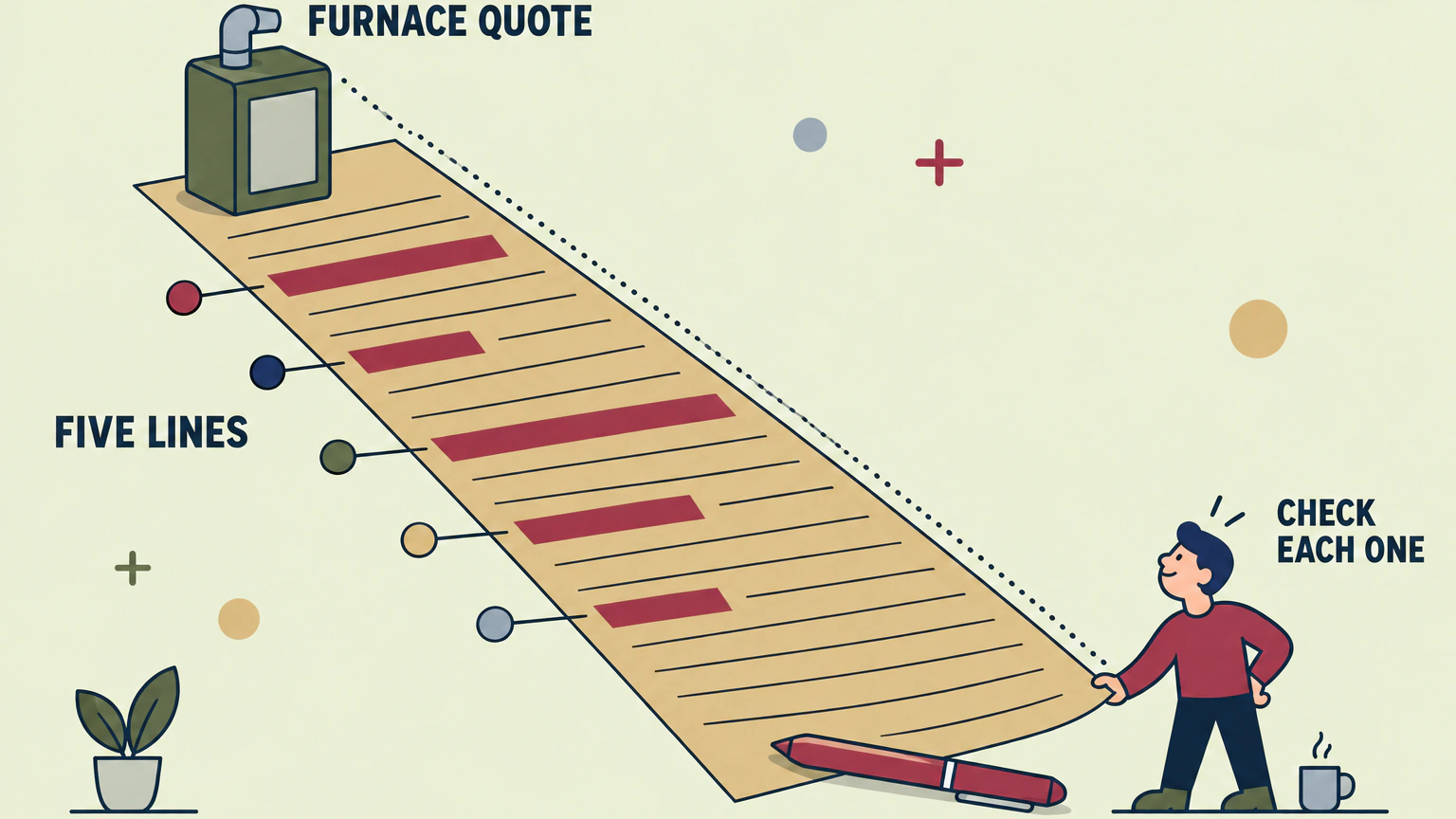 Flat illustration of a furnace quote sheet running diagonally, ruled with blank lines. Five lines are solid red bars of different widths. A small furnace cabinet rests on the upper end of the sheet and a pen lies near the lower edge. A homeowner stands at the lower right holding the near corner and looking along the page. A coloured dot sits beside each of the five solid bars. The labels read "FURNACE QUOTE", "FIVE LINES" and "CHECK EACH ONE".