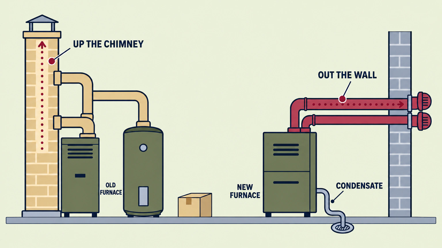 Flat illustration of two basement furnace setups. On the left, an old furnace and water heater connect to a masonry chimney. On the right, a new condensing furnace connects to two pipes through the side wall and a condensate line to a floor drain. Labels identify both furnaces, both vent routes and the condensate drain.