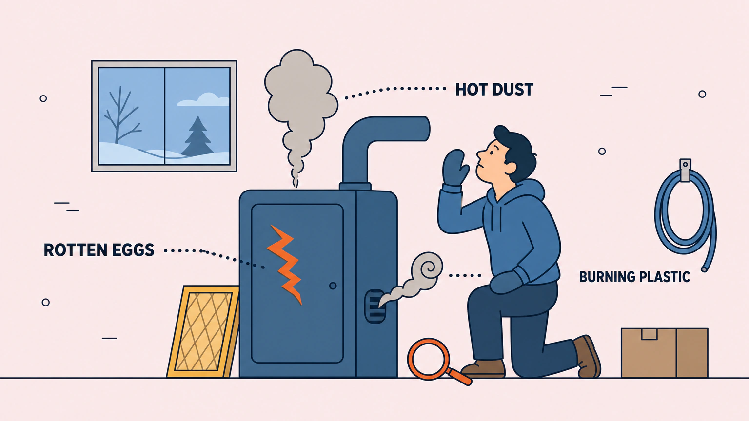 Flat vector illustration of a homeowner kneeling beside a basement furnace with one hand raised near their face, while three differently shaped odour trails rise from the cabinet, the closed access panel and the side vent, labelled hot dust, rotten eggs and burning plastic.