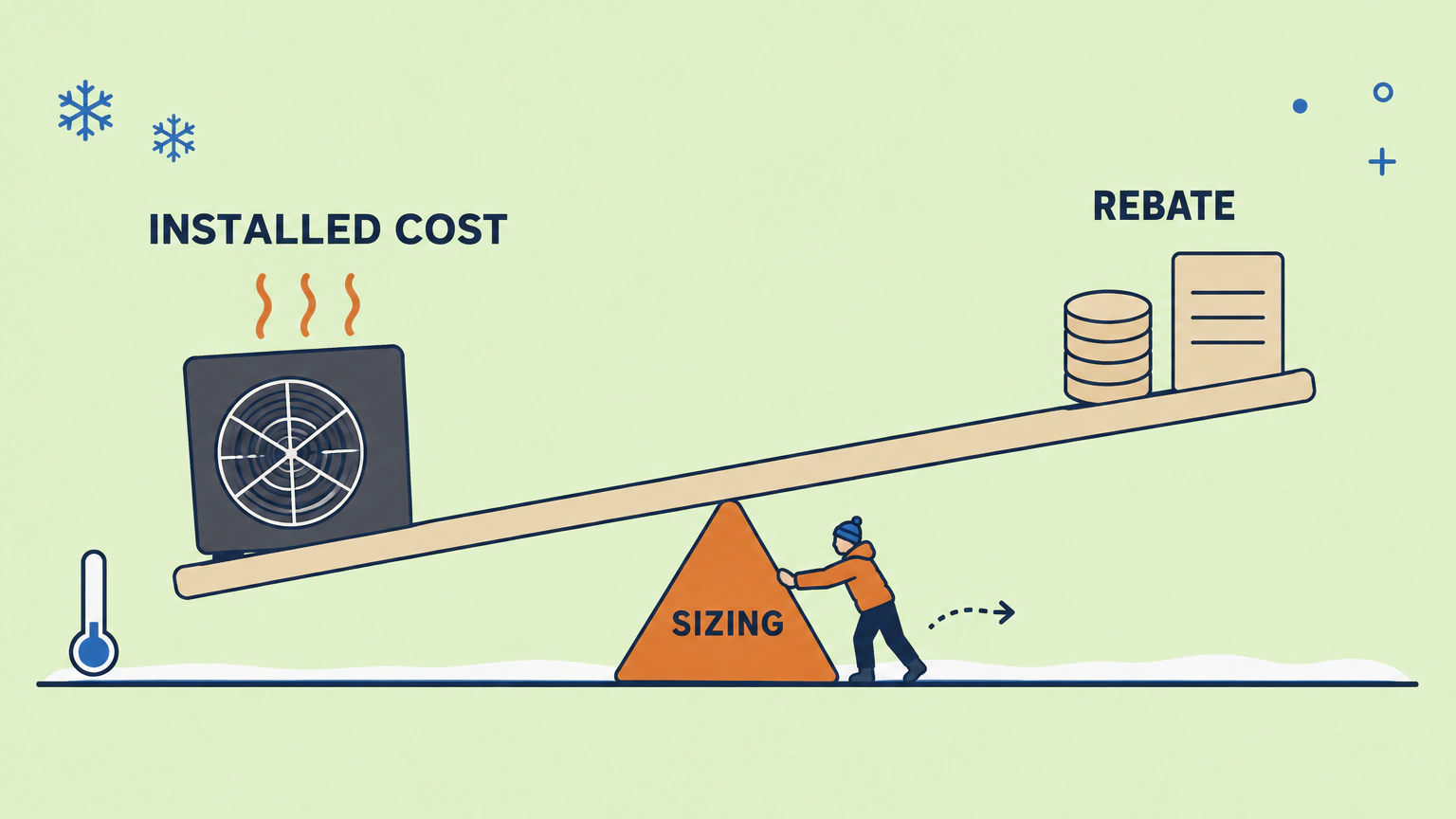 A heat pump labelled installed cost sits on the low end of a tilted plank, and a stack of coins with a rebate card sits on the raised end. A homeowner pushes the fulcrum block, marked sizing, along the snowy ground, because the size of the system changes both the cost and the rebate.