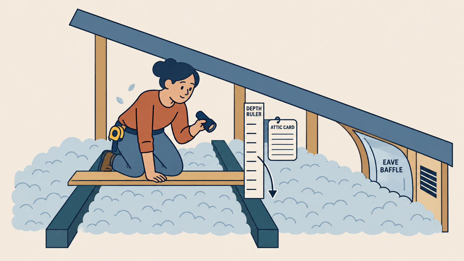 An attic seen from the hatch, looking along the joists toward the eaves. A homeowner kneels on a plank laid across two joists, holding a flashlight. A depth ruler is fixed upright to the nearer joist with an attic card hanging beside it, and the loose fill insulation thins out toward the eaves, where a baffle holds it clear of a vent.