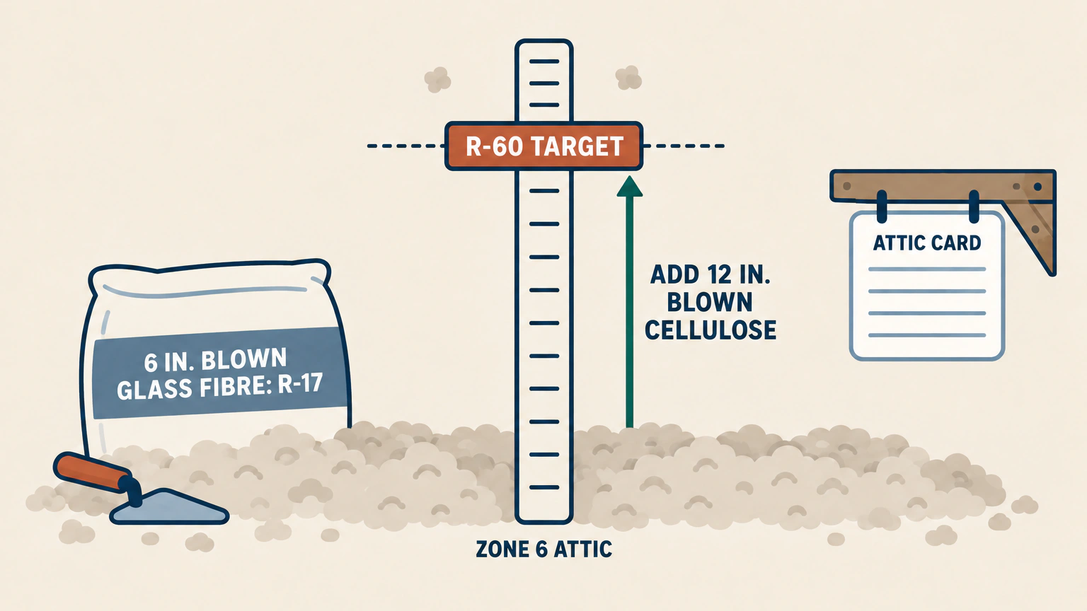 A vertical measuring gauge standing in a shallow layer of attic insulation. A bag identifies the existing six inches of blown glass fibre at about R-17, and a marker band near the top shows the R-60 that Natural Resources Canada recommends for a climate zone 6 attic, which covers areas with 4,000 to 4,999 heating degree days. An arrow between them shows the roughly 12 inches of blown cellulose needed to close the gap. An attic card hangs beside the gauge.