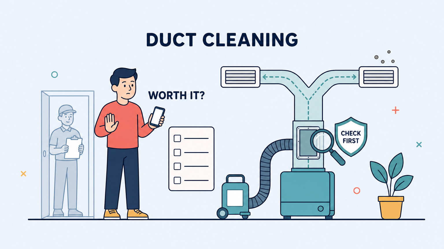 Flat illustration of a homeowner holding a phone and raising one hand to pause, beside a cutaway home heating system with a furnace, a trunk duct branching to floor registers, a vacuum hose running to a wheeled cart, and a magnifying glass over an open duct access panel.