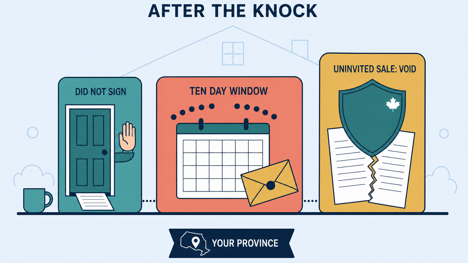 Flat illustration of three routes out of a contract sold at your door: a closed front door with an unsigned sheet sliding back out beneath it, a blank calendar card with ten dots arcing above it and a sealed envelope, and a shield with a torn contract behind it and a maple leaf mark, above a footer ribbon carrying a map outline and a pin.