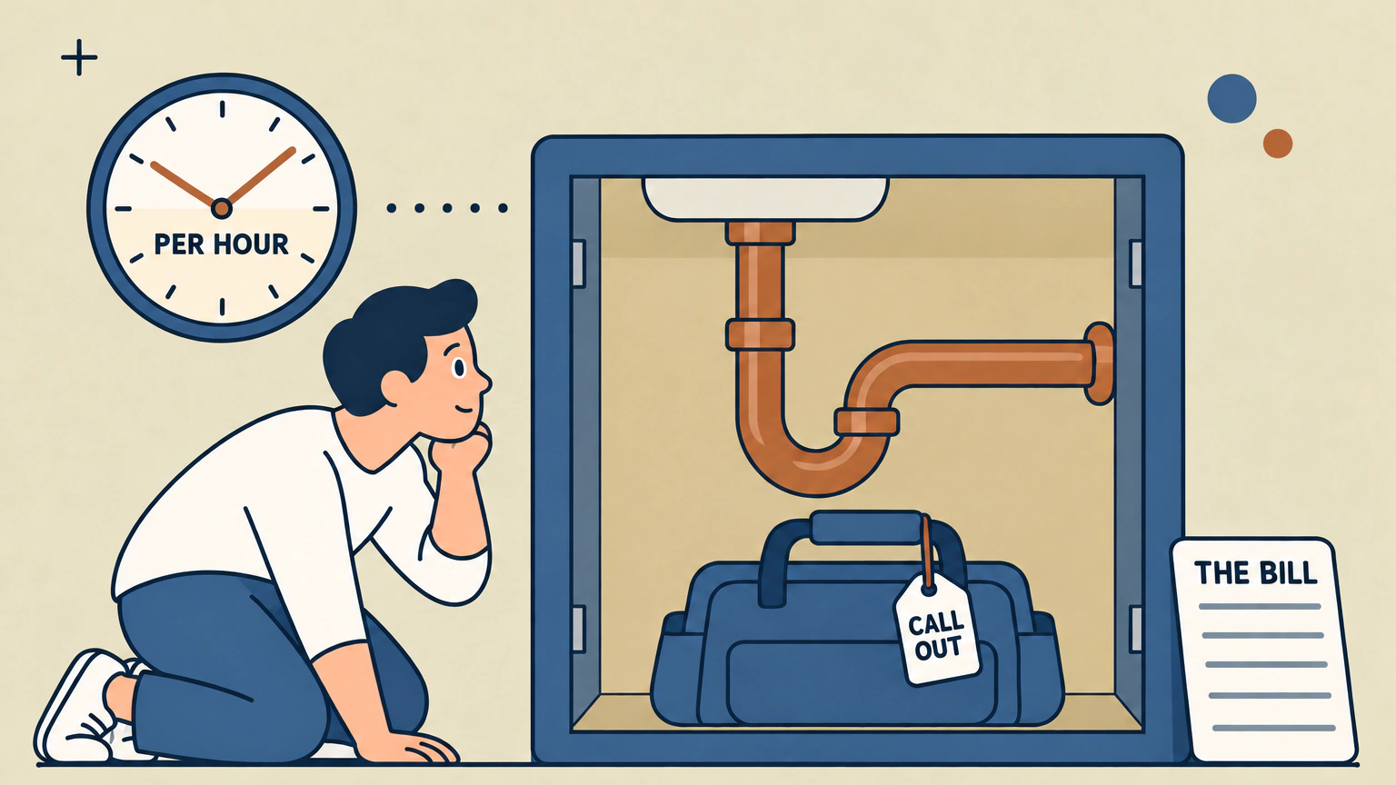 Flat vector illustration. A homeowner kneels on the floor at the left, chin resting on one hand, looking into an open under-sink cabinet where a copper trap and drain pipe run down the back panel. A plumber's toolbag sits on the cabinet floor with a small tag hanging from the handle reading CALL OUT. A round clock on the wall to the left reads PER HOUR, and a ruled card propped against the right side of the cabinet reads THE BILL.