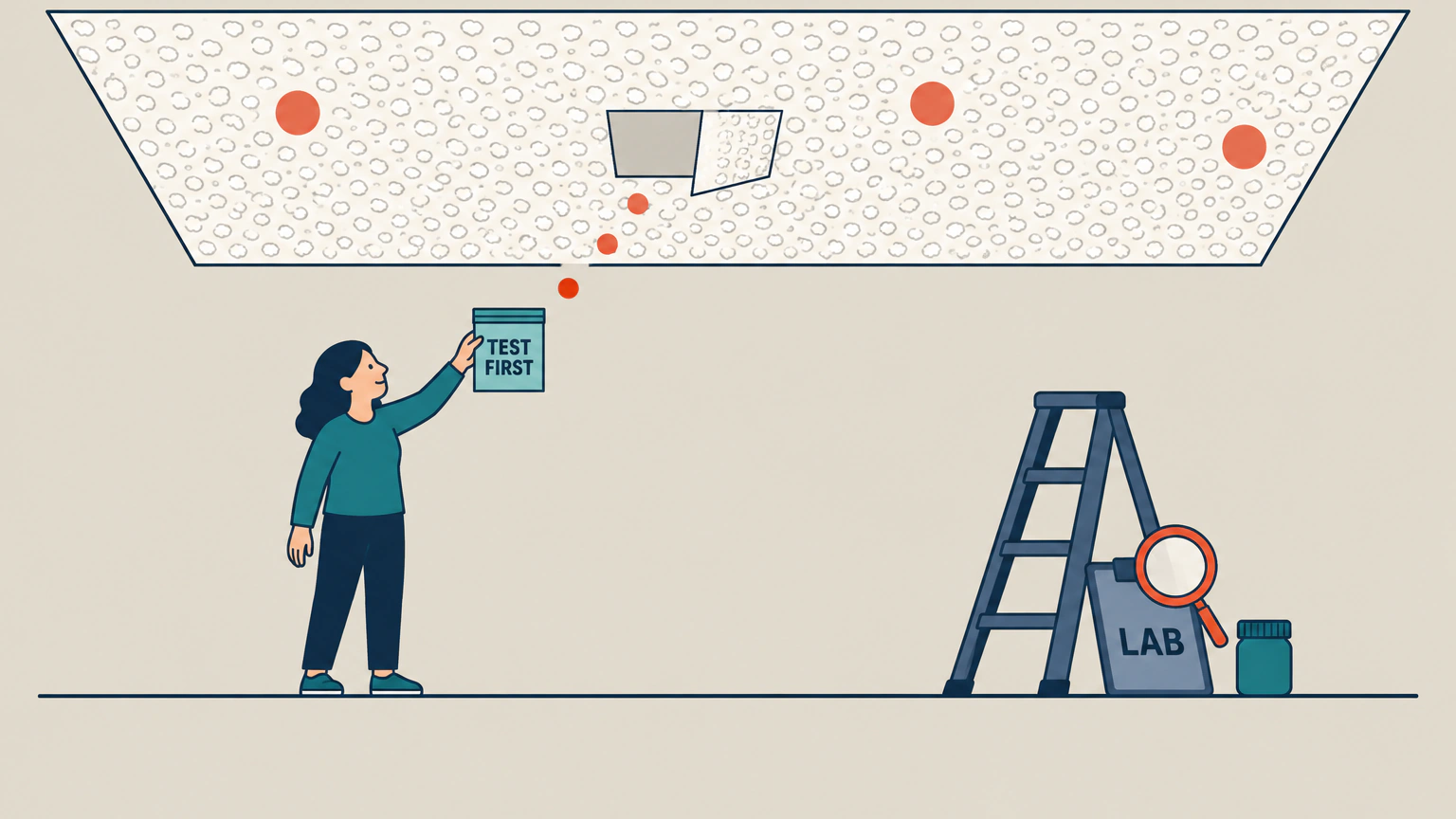 Flat illustration of a room seen from below. A homeowner stands at the lower left holding up a small sealed sample pouch labelled TEST FIRST and looking up at a wide chalk white ceiling covered in small bumps. A square patch has been lifted out of the ceiling near the centre and three round markers show where the other samples came from. A stepladder and a flat document card labelled LAB stand at the lower right.