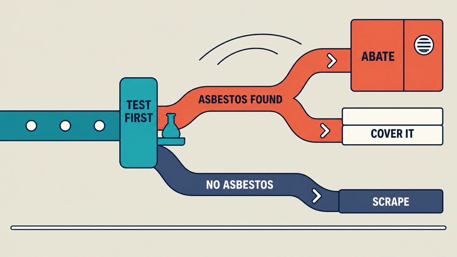 Flat diagram of a decision path. A single track runs in from the left to an upright gate post labelled TEST FIRST with a small flask on its tray. Past the gate the track splits. One branch labelled NO ASBESTOS bends down to a smooth flat slab labelled SCRAPE, and a branch labelled ASBESTOS FOUND bends up and divides again, ending at a tall sealed enclosure labelled ABATE and at two stacked slabs labelled COVER IT.
