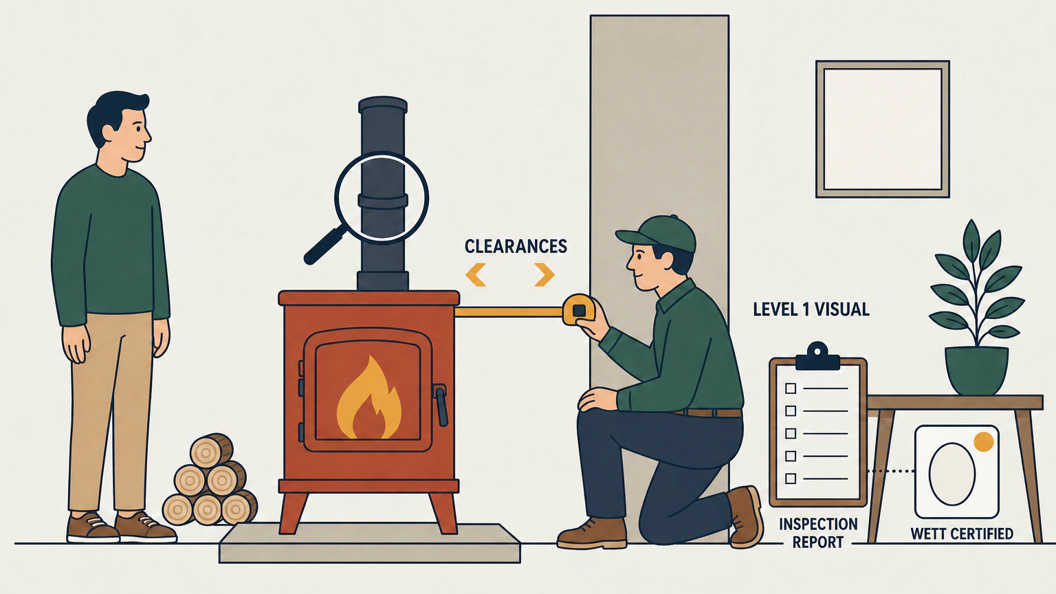Flat vector illustration of a living room where a homeowner watches a kneeling inspector stretch a measuring tape between a wood stove and the wall, beside a clipboard holding a blank inspection sheet and a photo identification card, labelled CLEARANCES, LEVEL 1 VISUAL, INSPECTION REPORT and WETT CERTIFIED.