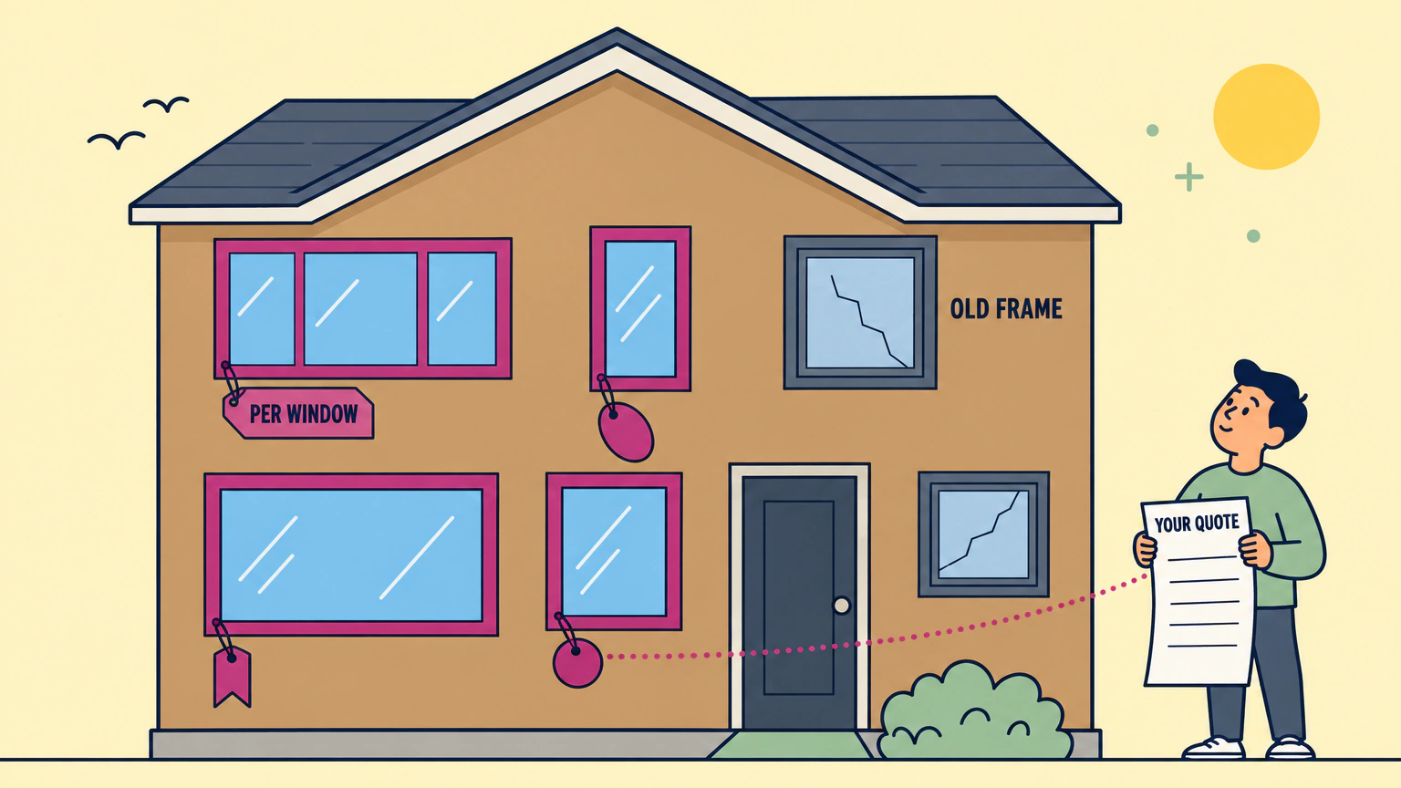 Flat illustration of a two storey house seen straight on, with six window openings. Four are new, drawn with bold frames and bright glass, and each has a blank price tag hanging from a lower corner. Two are old, with faded frames and a crack across the glass. A small homeowner stands at the lower right holding a long quote sheet, and a dotted line runs from the sheet up to the nearest price tag. Three labels read PER WINDOW, OLD FRAME and YOUR QUOTE.