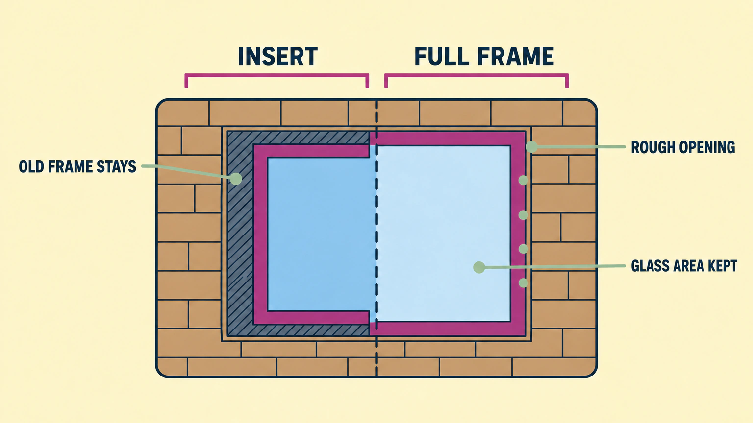 Flat diagram of a single window in a brick wall, split down the middle by a dashed line. On the insert side, a wide hatched grey band shows the old frame staying in place, with the new frame and the glass sitting inside it. On the full frame side that grey band is gone: the new frame meets the rough opening directly, with a row of dots showing a continuous seal along the brick, and the glass reaches closer to the brick edge, so the glass area is usually kept or enlarged. Five labels read INSERT, FULL FRAME, OLD FRAME STAYS, ROUGH OPENING and GLASS AREA KEPT.